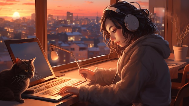 L'étude de lofi bat la mise au point de l'illustration Vibe