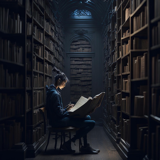 Un étudiant absorbi dans la lecture avec un livre qui étudie dans un coin de la bibliothèque