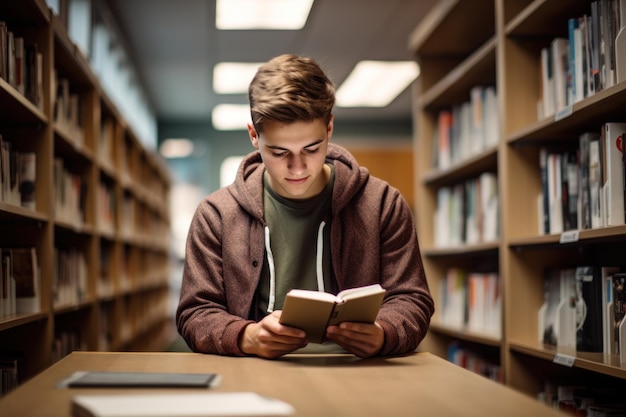 Un étudiant adolescent lit un livre dans la bibliothèque avec une tablette.