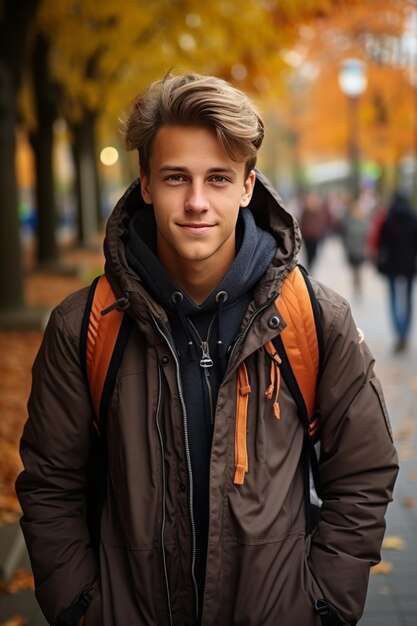 Un étudiant adolescent avec un sac à dos dans le parc d'automne portrait en gros plan d'un garçon heureux marchant à l'extérieur