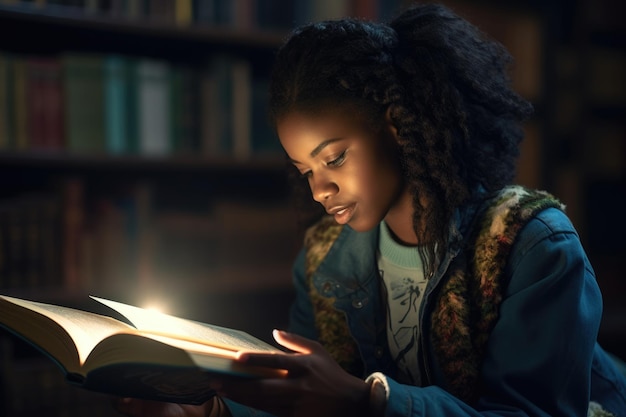 Un étudiant afro-américain étudie la religion dans la bibliothèque de Chicago.