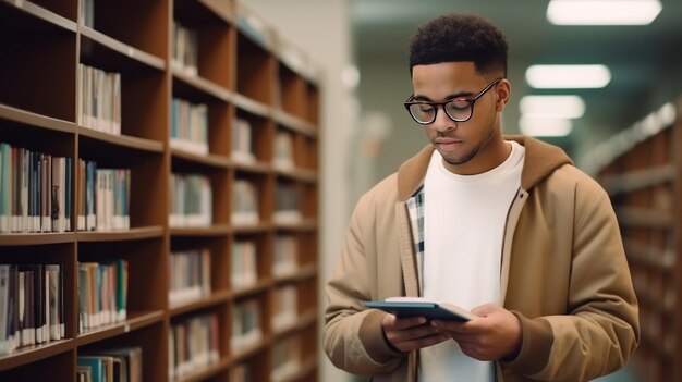 Un étudiant afro-américain en lunettes lit un livre debout près des étagères de la bibliothèque universitaire.