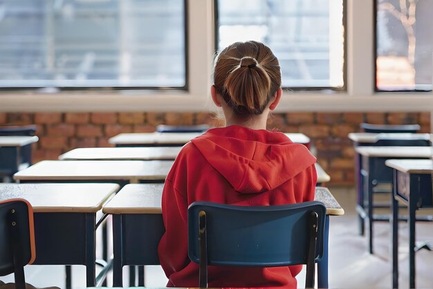 Photo Étudiant assis au bureau de l'école, vue arrière