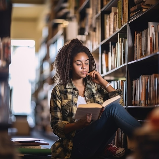Un étudiant assis dans une bibliothèque entouré de livres et lisant attentivement