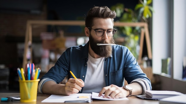 L'étudiant à la barbe et aux lunettes lit les notes avec un stylo dans la bouche.