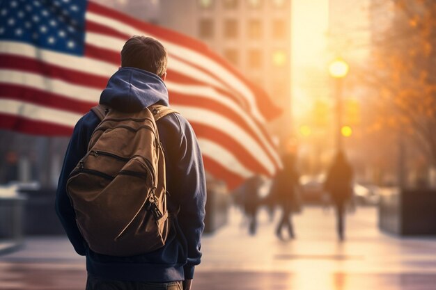 Un étudiant devant la porte de l'université regardant le drapeau d'un étudiant qui va à l'Université