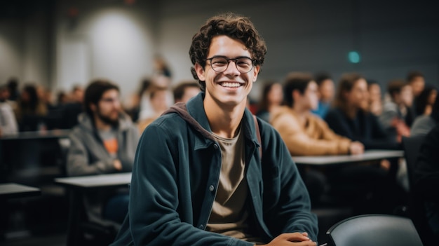 Un étudiant est assis dans une salle de classe universitaire, détournant le regard et souriant.