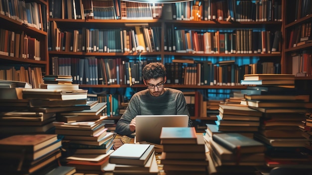 Photo un étudiant étudie dans une bibliothèque, il est entouré de livres, il utilise un ordinateur portable, il porte des lunettes, il porte un pull.