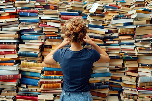 Un étudiant étudie diligemment dans un coin tranquille de la bibliothèque du campus, entouré de piles de livres.