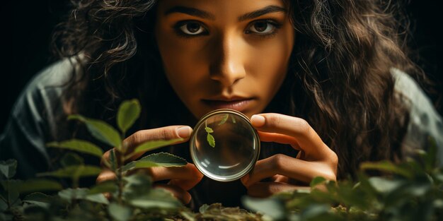 Photo un étudiant examine l'arrière-plan avec une loupe