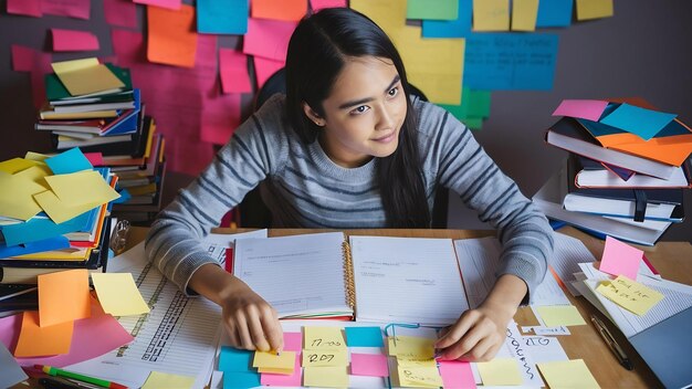 Photo l'étudiant fatigué se prépare à l'examen, s'assoit à son bureau avec une expression réfléchie.