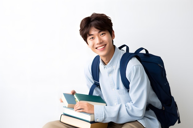 étudiant heureux avec son sac à dos et des livres
