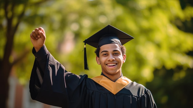 Un étudiant heureux et souriant en robe académique lève les mains sur le fond de l'université.