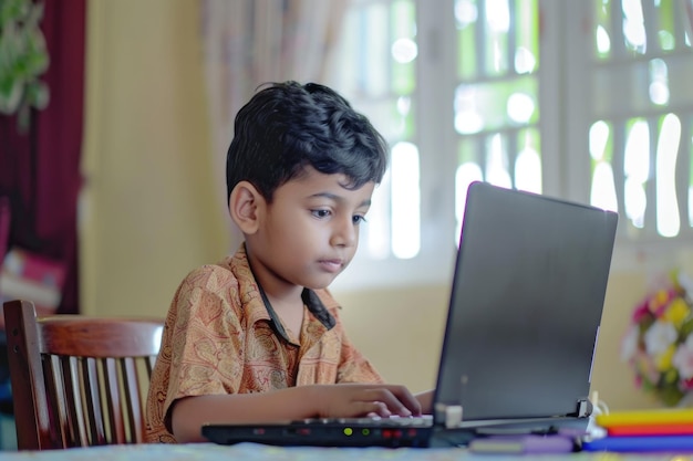 Un étudiant indien qui étudie en ligne à l'aide d'un ordinateur portable Un enfant asiatique qui fréquente une école en ligne