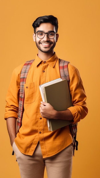 Un étudiant indien avec un sac à dos et un livre