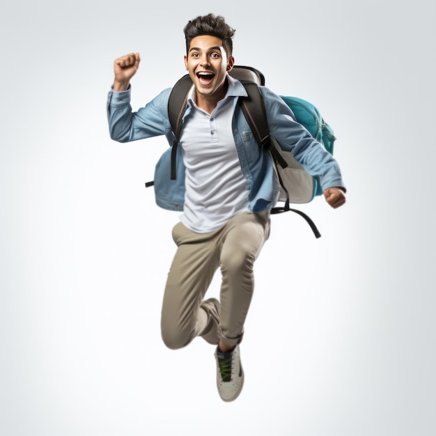 Un étudiant indien saute en l'air avec un livre et un sac.