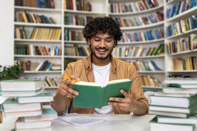 Un étudiant joyeux profondément dans l'étude au milieu d'une pile de livres dans un cadre de bibliothèque universitaire présentant