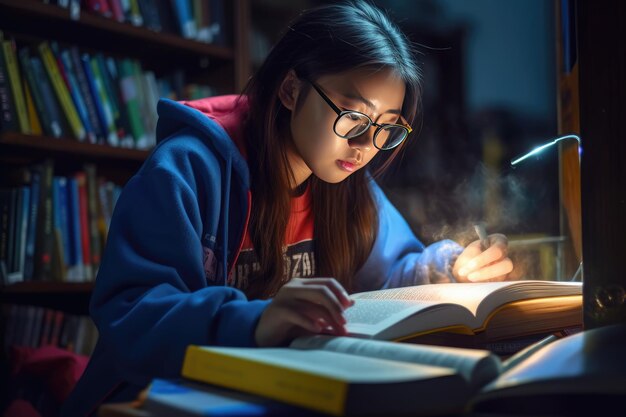 Un étudiant lit un livre dans une bibliothèque.