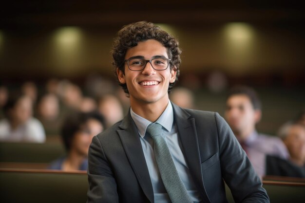 Un étudiant en lunettes et en costume est assis dans la salle de conférence et rit