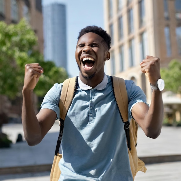 Photo un étudiant mâle biracial heureux, un élève du lycée, un afro-américain en ville, à l'extérieur, hurle.