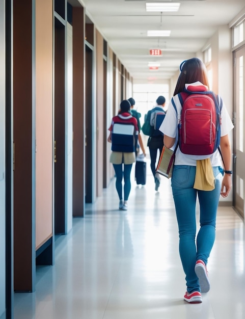 Un étudiant marchant dans un couloir d'une école animée manuels scolaires à la main