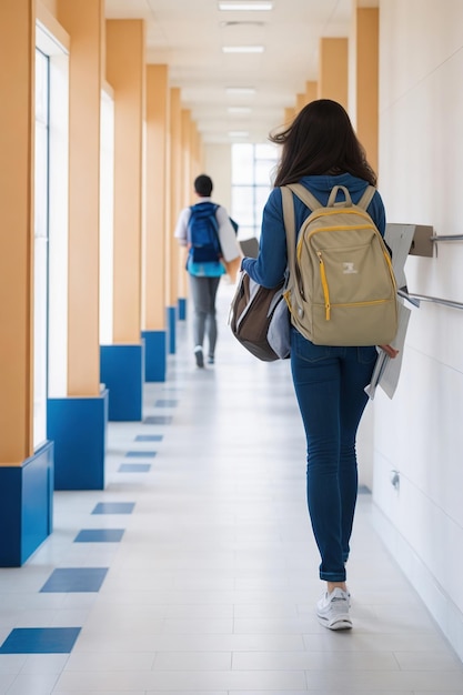 Un étudiant marche dans un couloir d'école manuels scolaires à la main et sac à dos