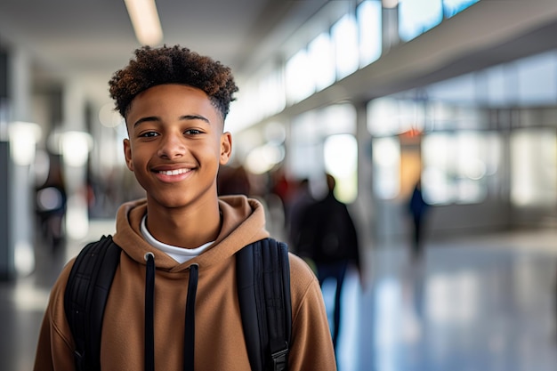 Un étudiant d'origine noire heureux dans le couloir du lycée