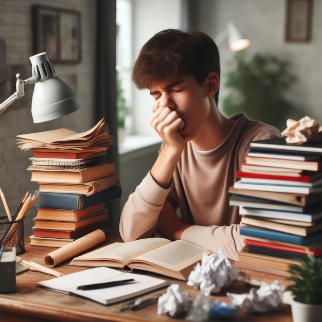 Photo un étudiant qui s'endort en lisant.