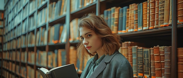 Un étudiant regarde des livres sur une étagère de la bibliothèque de l'université.