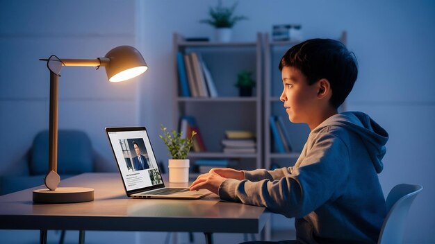 Photo un étudiant regarde un webinaire en ligne