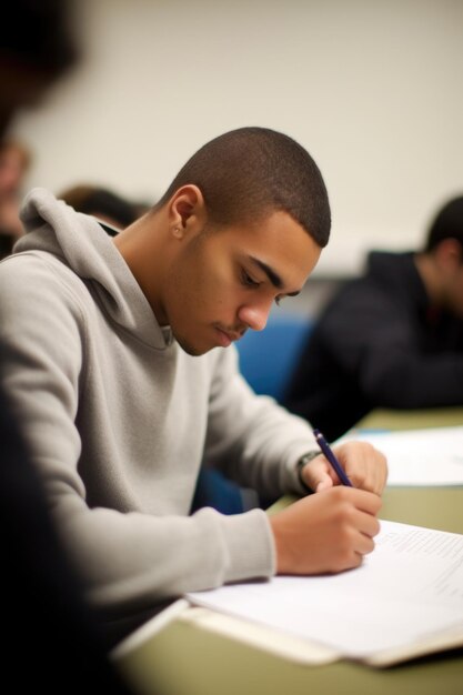 Photo un étudiant de sexe masculin non identifiable écrivant des notes alors qu'il était assis en classe créé avec une ia générative