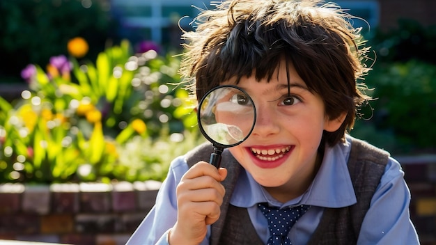 Un étudiant souriant jouant avec sa loupe.