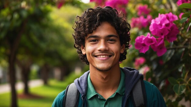 L'étudiant sourit avec des livres à la main il a l'air latin un mélange d'espagnol indigène et noir sombre