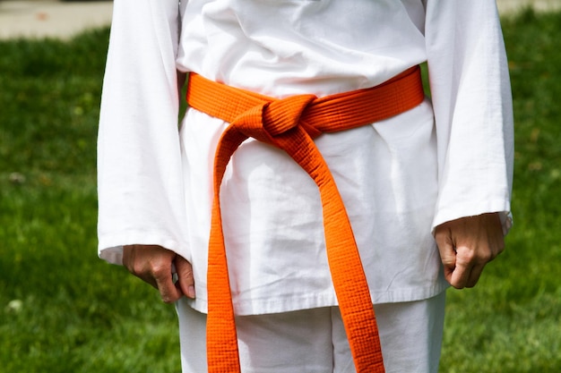 Photo Étudiant de tae kwon do pratiquant dans le parc.