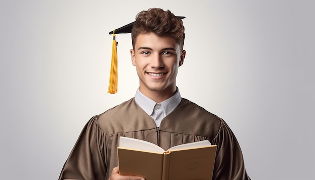 Un étudiant tient un livre Concept de remise des diplômes et de réussite Séance photo professionnelle