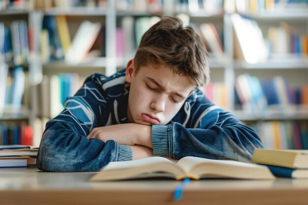 Un étudiant universitaire fatigué se prépare à un test ou à un examen. Un jeune garçon s'est endormi alors qu'il était assis à table à lire un livre.