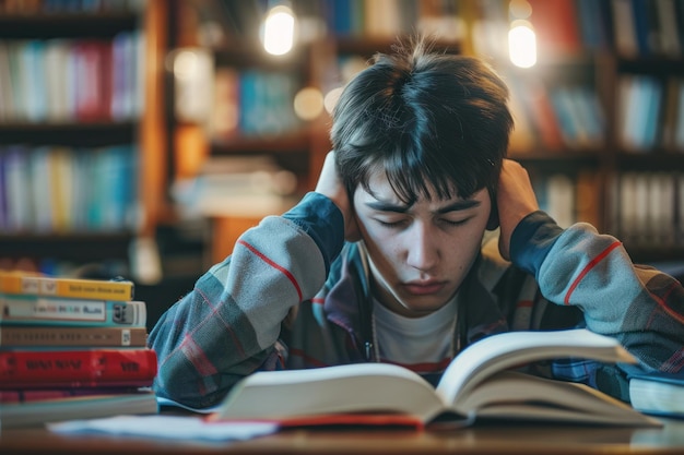 Un étudiant universitaire fatigué se prépare à un test ou à un examen. Un jeune garçon s'est endormi alors qu'il était assis à table à lire un livre.