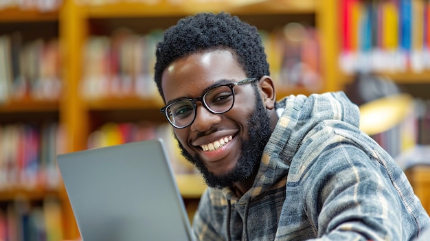 Un étudiant universitaire joyeux qui étudie dans une bibliothèque