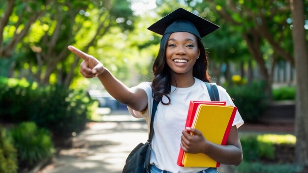 Étudiant universitaire positif a la peau noire porte des dossiers et des points de livre avec une expression joyeuse