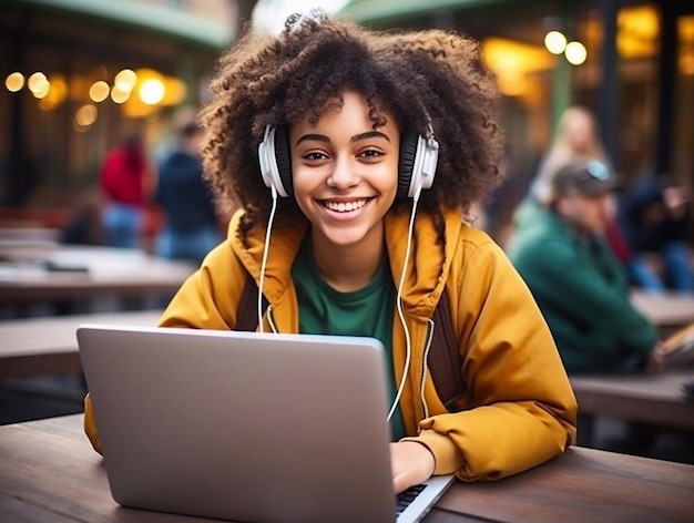 Une étudiante afro-américaine heureuse dans une classe à l'université qui regarde la caméra.