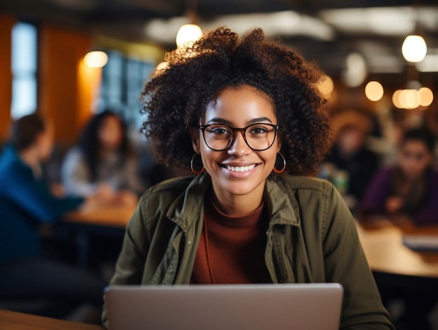 Une étudiante afro-américaine heureuse dans une classe à l'université qui regarde la caméra.