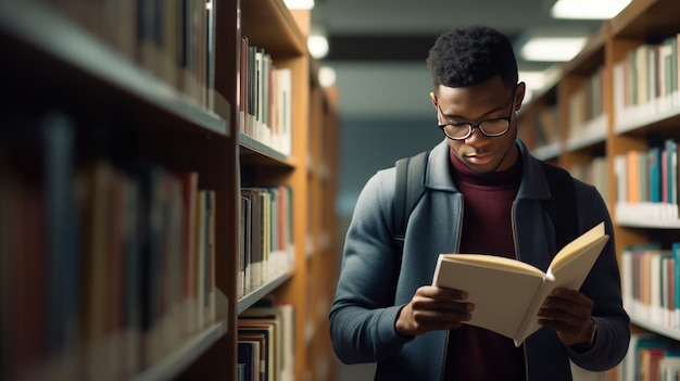 Une étudiante afro-américaine en lunettes lit un livre debout près des étagères de la bibliothèque universitaire.