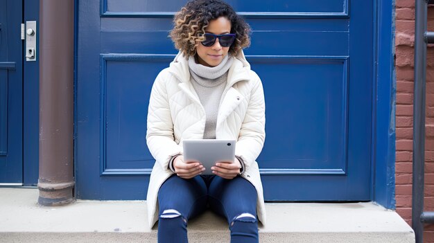 Une étudiante afro-américaine avec une tablette assise sur les escaliers.