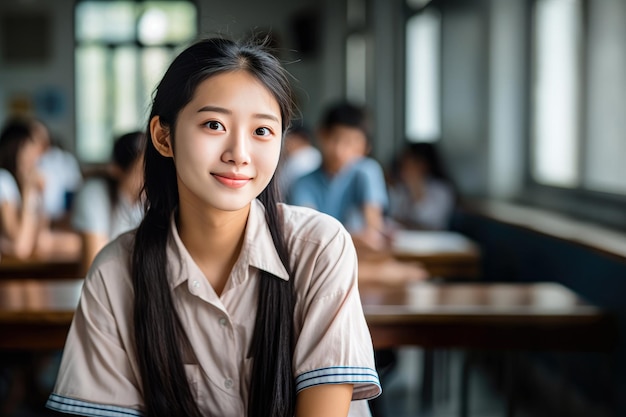 Une étudiante asiatique en classe.