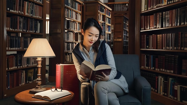 Une étudiante asiatique lit des livres dans la bibliothèque de l'université.