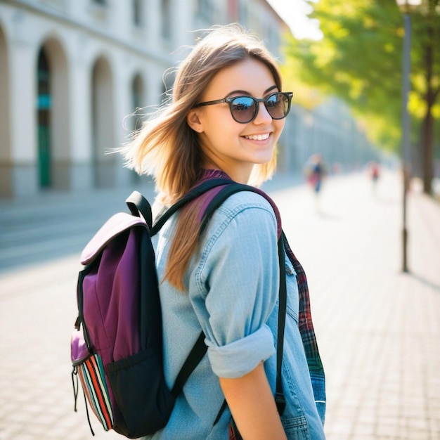 Une étudiante attrayante et souriante dans une veste en jean avec un sac à dos et à l'université