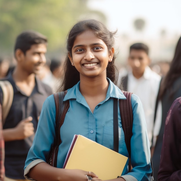 Une étudiante du sud de l'Inde dans une chemise bleue tient un dossier jaune et sourit