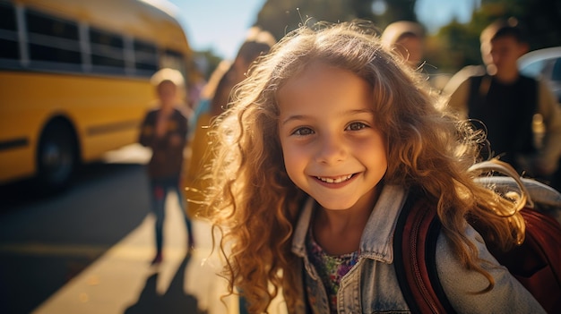 Une étudiante élémentaire souriante souriante et prête à monter dans le bus scolaire.