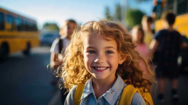 Une étudiante élémentaire souriante souriante et prête à monter dans le bus scolaire.