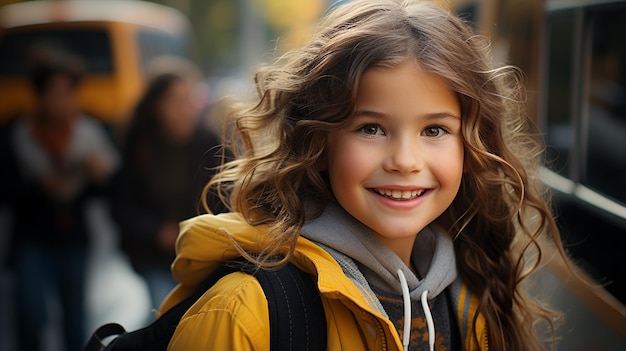 Une étudiante élémentaire souriante souriante et prête à monter dans le bus scolaire.